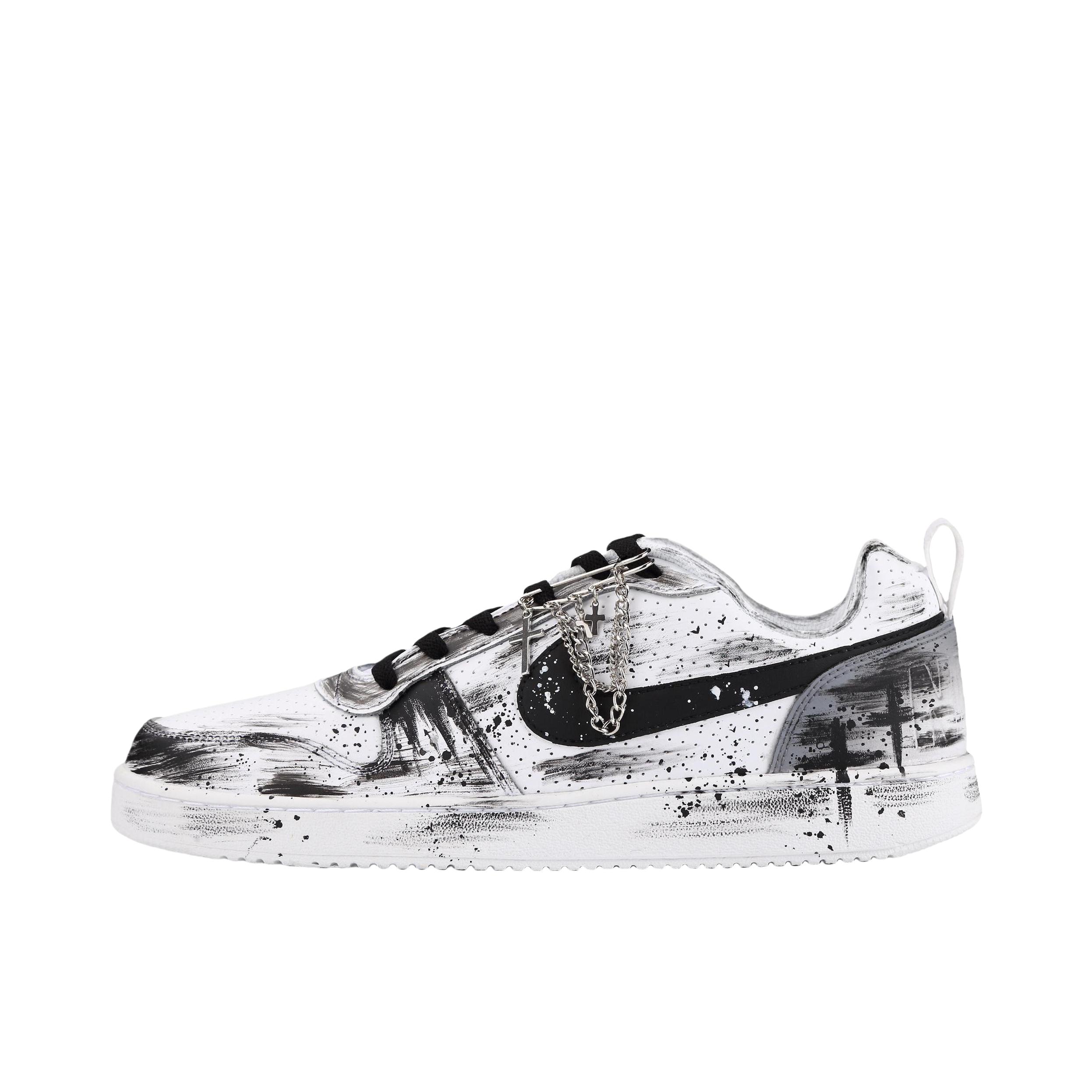 推荐商品：【定制球鞋】 Nike Court Borough 板鞋 防滑防水轻便减震手绘减龄做旧甜酷高街合成革甜妹包裹性复古婚鞋增高小白鞋薄底秋冬脏脏鞋 暗黑者