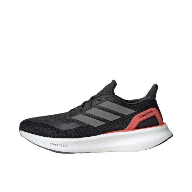 推荐商品：adidas PUREBOOST 5 跑鞋 舒适缓震防滑耐磨回弹轻便短跑网布支撑随心畅跑 黑色/亮金属铁灰/柔和浅猩红