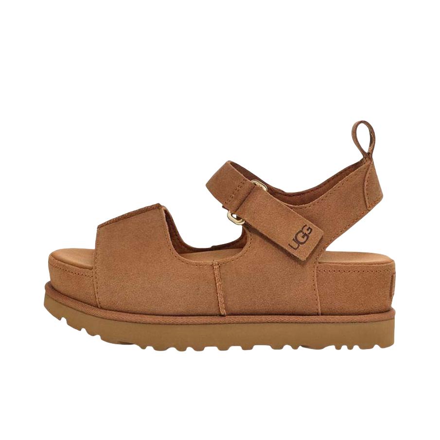 推荐商品：UGG Goldenstar 防滑耐磨 舒适透气 轻便 魔术贴 可调式 绒面 厚底 露趾 扣带 休闲时尚 一字凉鞋 栗色