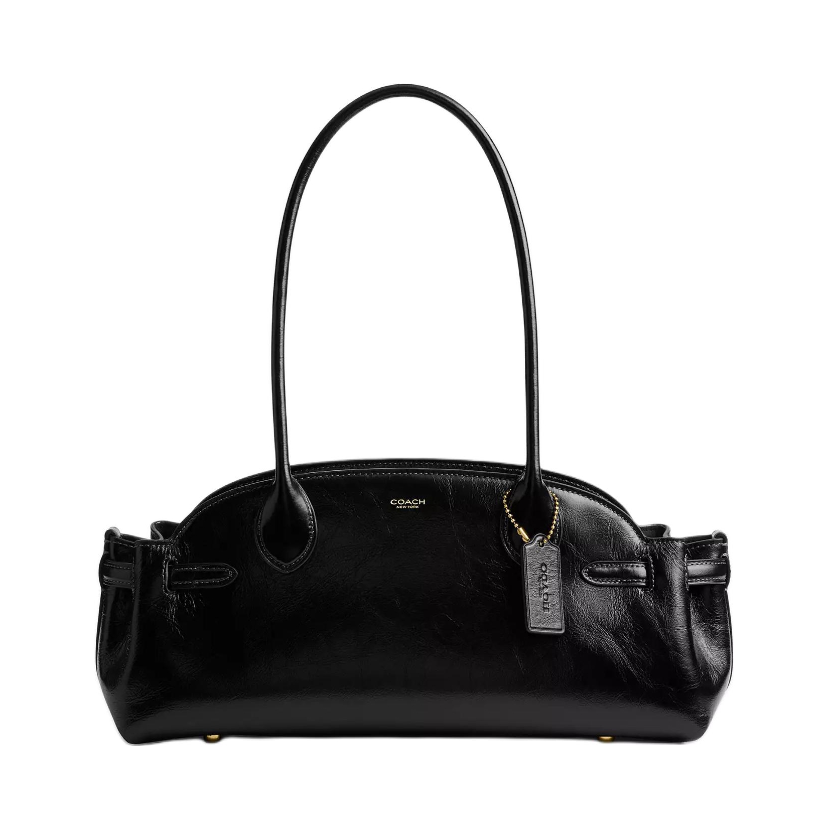 Coach Empire 34 大号 品牌徽标拉链开合釉面皮革单肩包手提包 黑色