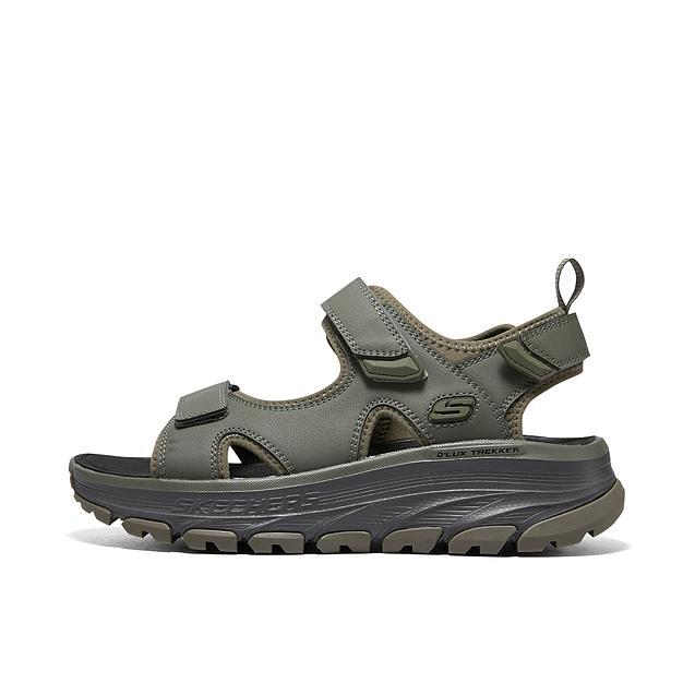 推荐商品：Skechers/斯凯奇 D'LUX TREKKER SANDAL 缓震回弹 厚底增高 软底抓地 轻质透气 防滑耐磨 外穿便捷 休闲舒适 魔术贴 拼接 包头 凉鞋 军绿色