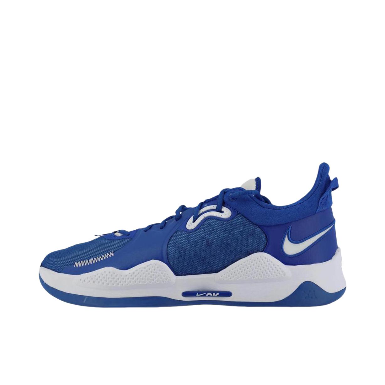 推荐商品：Nike Paul George PG 5 保罗乔治5代 透气包裹性实战训练 织物 支撑 合成革 篮球鞋 白色/蓝色
