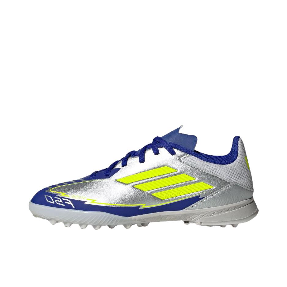 推荐商品：adidas F50 League TF 中端 胶质碎钉 人造草地室外硬地 缓震耐用 足球鞋 大童/金属银/亮黄荧光/亮蓝色
