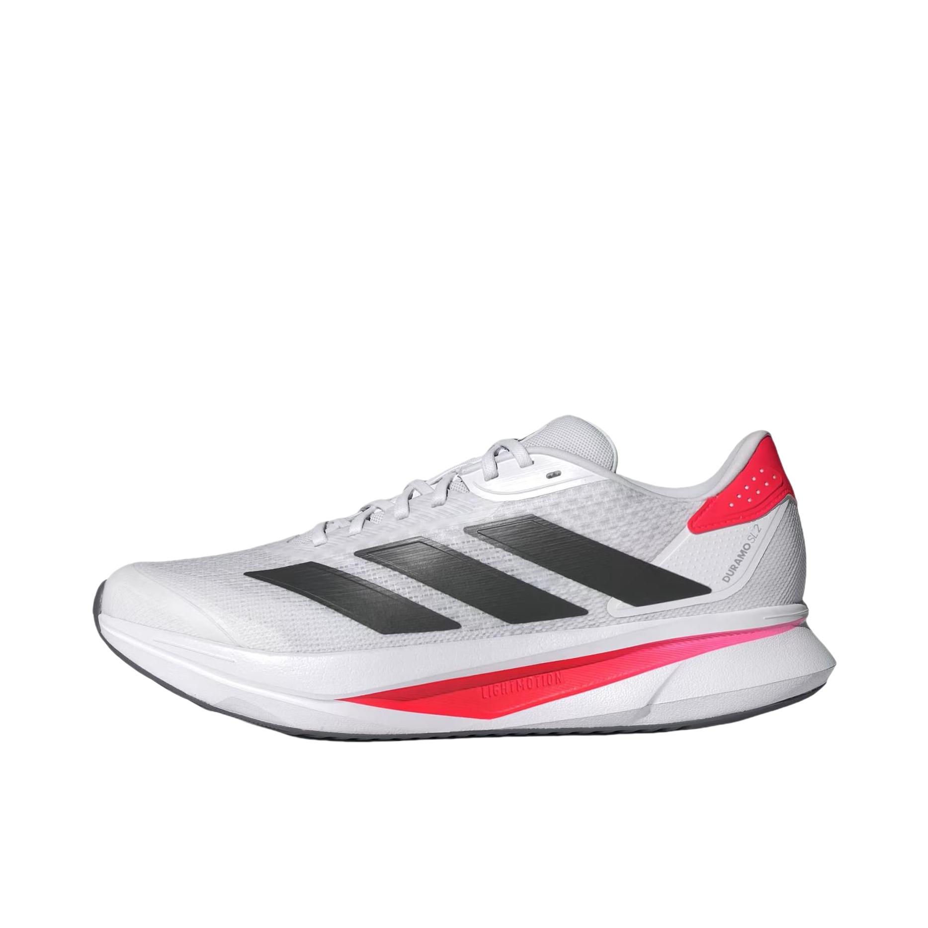推荐商品：adidas DURAMO SL 2.0 跑鞋 百搭耐磨低帮系带透湿排汗鞋面网眼布短跑训练缓震防滑 白色/红色