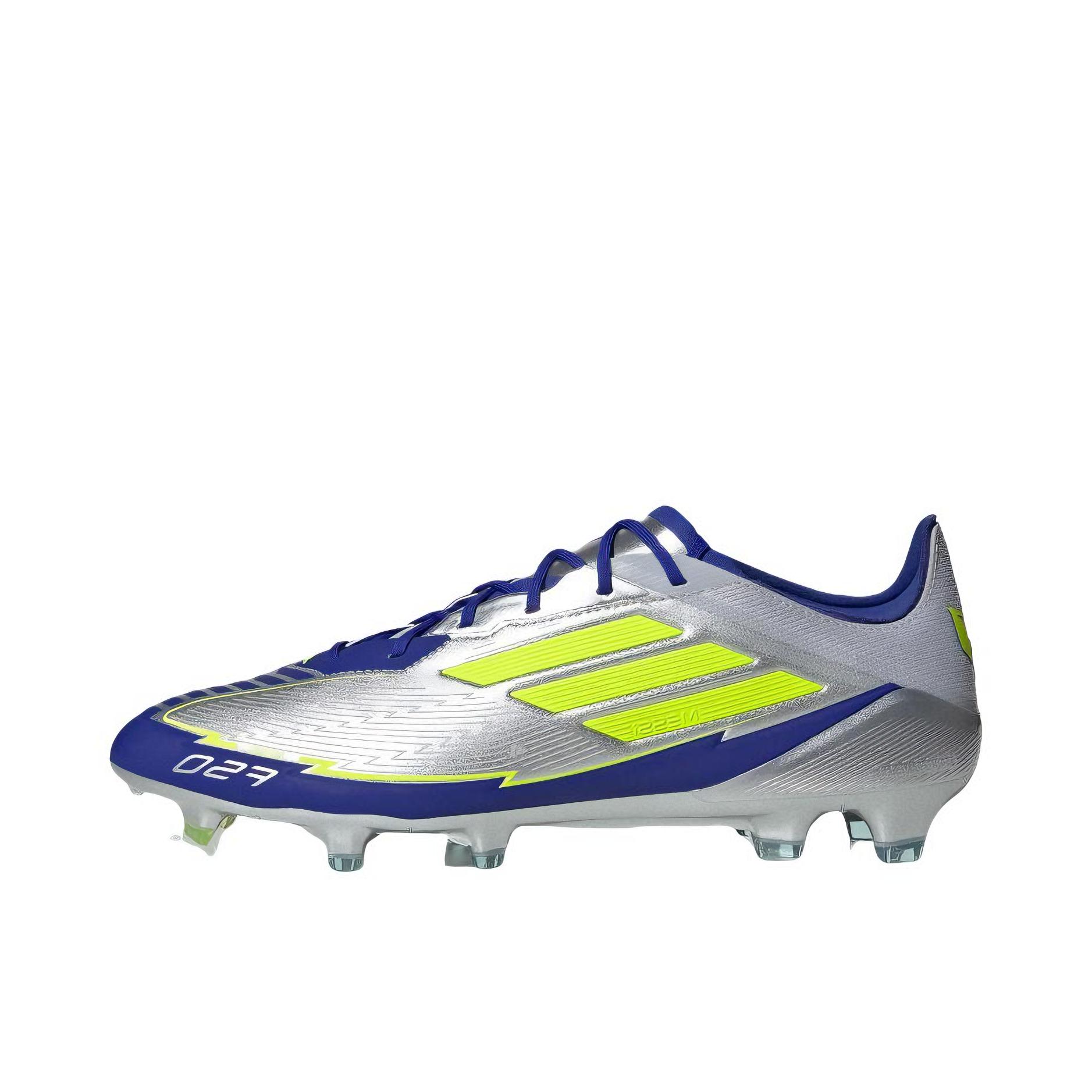推荐商品：adidas F50 Elite FG 足球鞋 顶级胶质长钉天然硬草地耐用支撑 金属银/亮黄荧光/亮蓝色