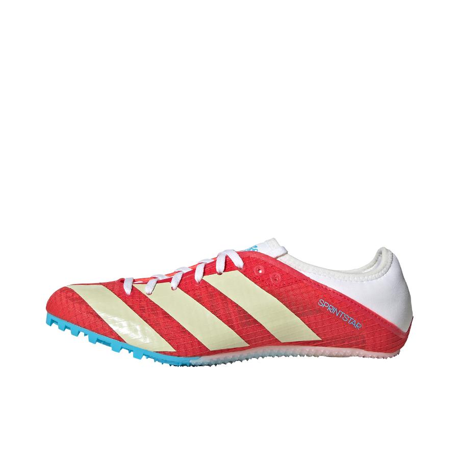 推荐商品：adidas Sprintstar 半掌蝉翼 跑鞋 田径比赛稳定织物轻盈 红色/白色/蓝色