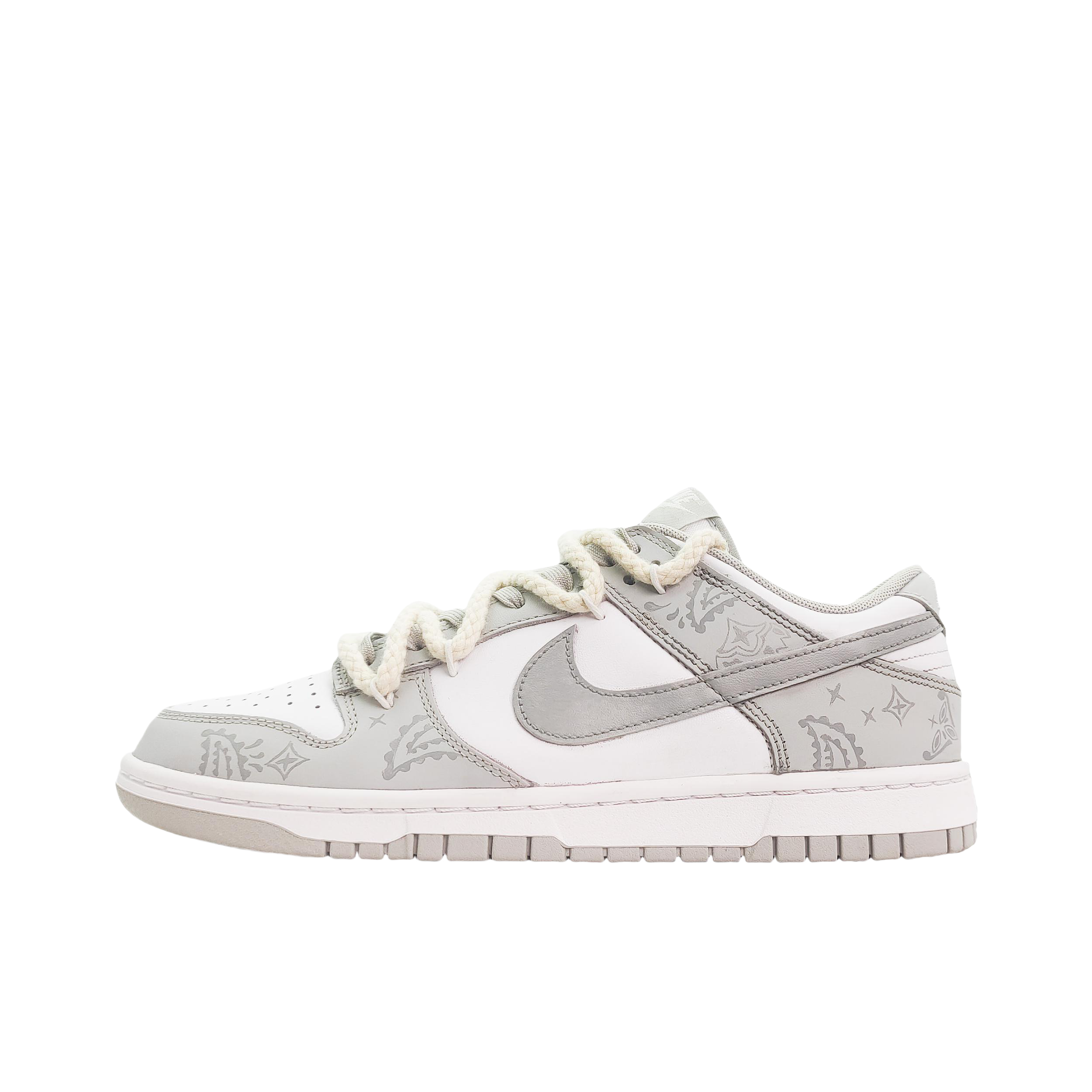 推荐商品：【定制球鞋】 Nike Dunk 板鞋 平跟系带防滑耐磨做旧高街简约百搭潮流复古美式 银灰腰果花1.0