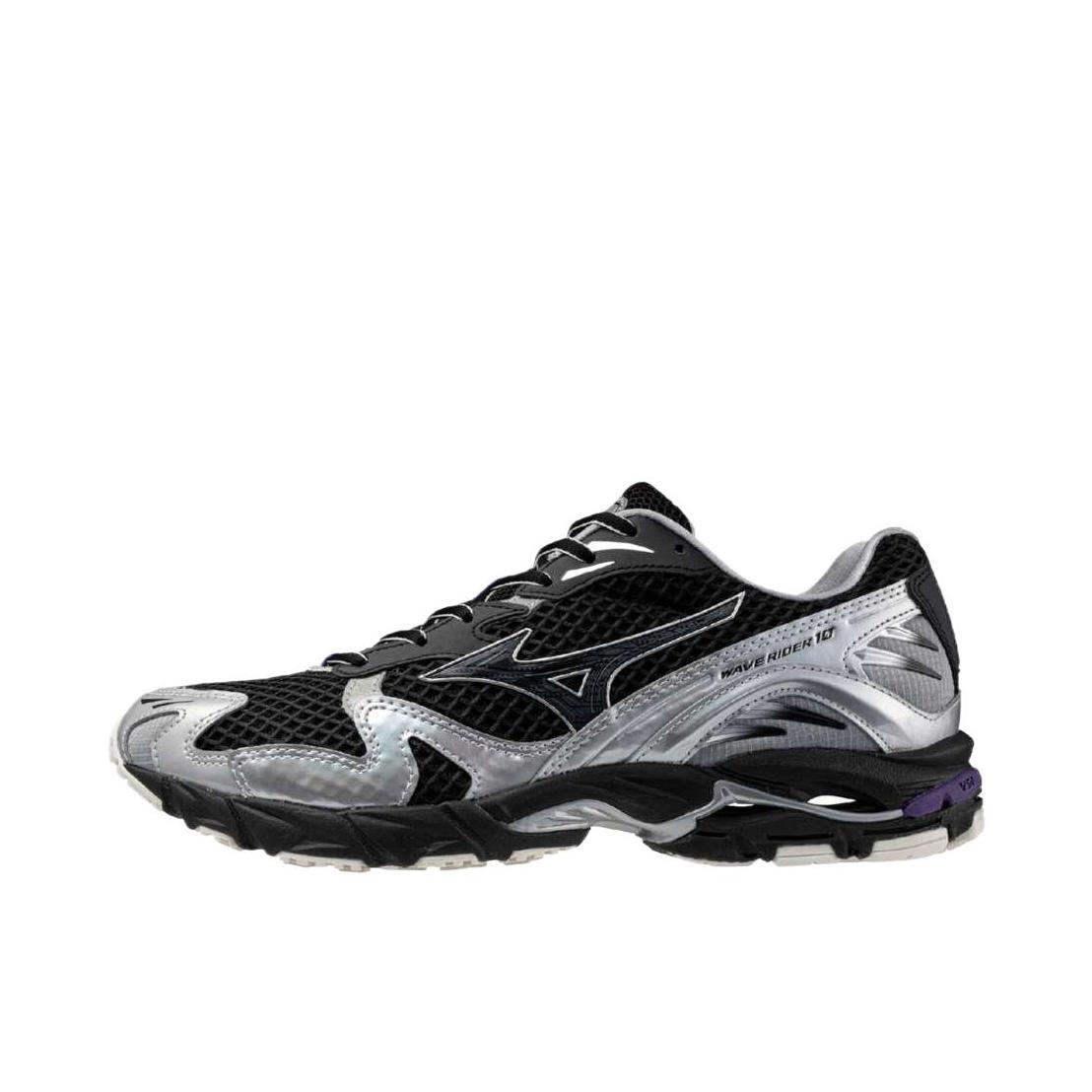 推荐商品：Mizuno/美津浓  Wave Rider 10  经典减震 防滑耐磨 轻便  网布 透气 织物 复古 合成革 运动  跑鞋 黑色/银色