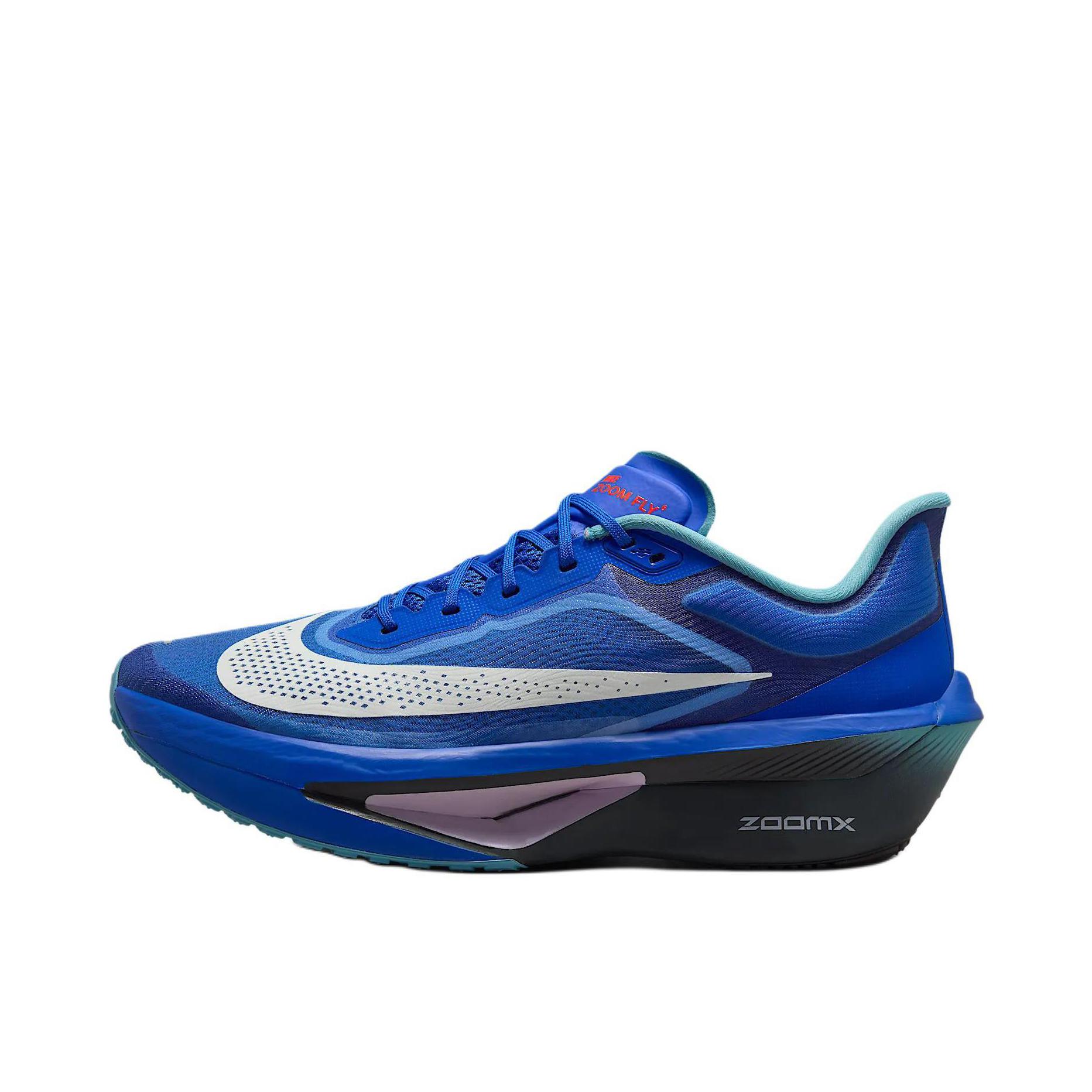 推荐商品：Nike Zoom Fly 6 跑鞋 碳板防滑耐磨舒适低帮圆头厚底支撑回弹贴合 蓝色