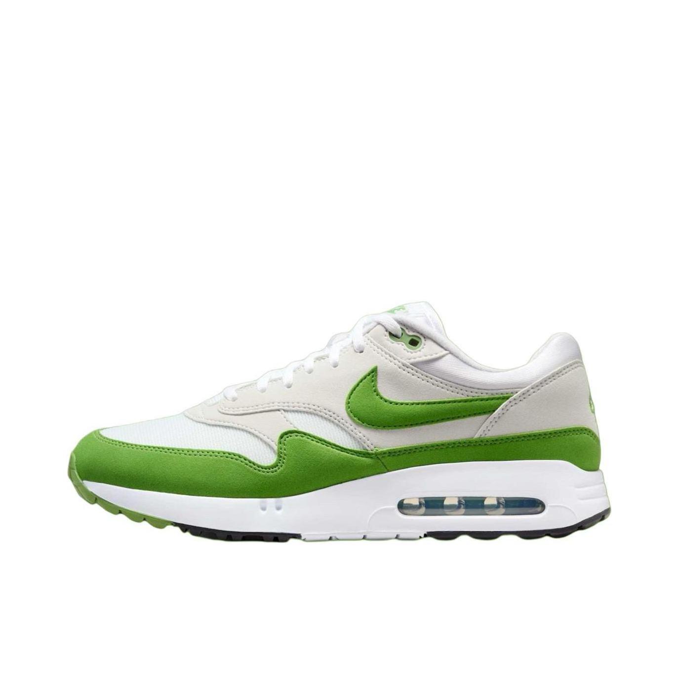 推荐商品：Nike Air Max 1 跑鞋 气垫缓震透气轻便复古运动舒适百搭潮流耐磨低帮训练防滑冬季支撑马拉松防水抓地圆头耐穿 绿色/白色/浅灰色