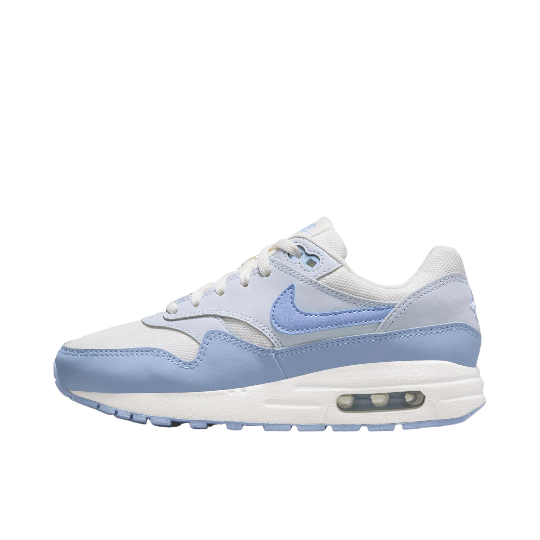 推荐商品：Nike Air Max 1 跑鞋 气垫缓震透气轻便复古运动舒适百搭潮流耐磨低帮训练防滑冬季支撑马拉松防水抓地圆头耐穿 GS/帆白/心灵蓝/紫色/蓝色
