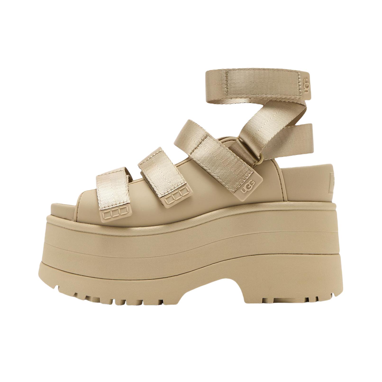 推荐商品：UGG Goldenrise 罗马 魔术贴 高跟 增高橡胶 缓震 厚底鞋 凉鞋 灰褐色