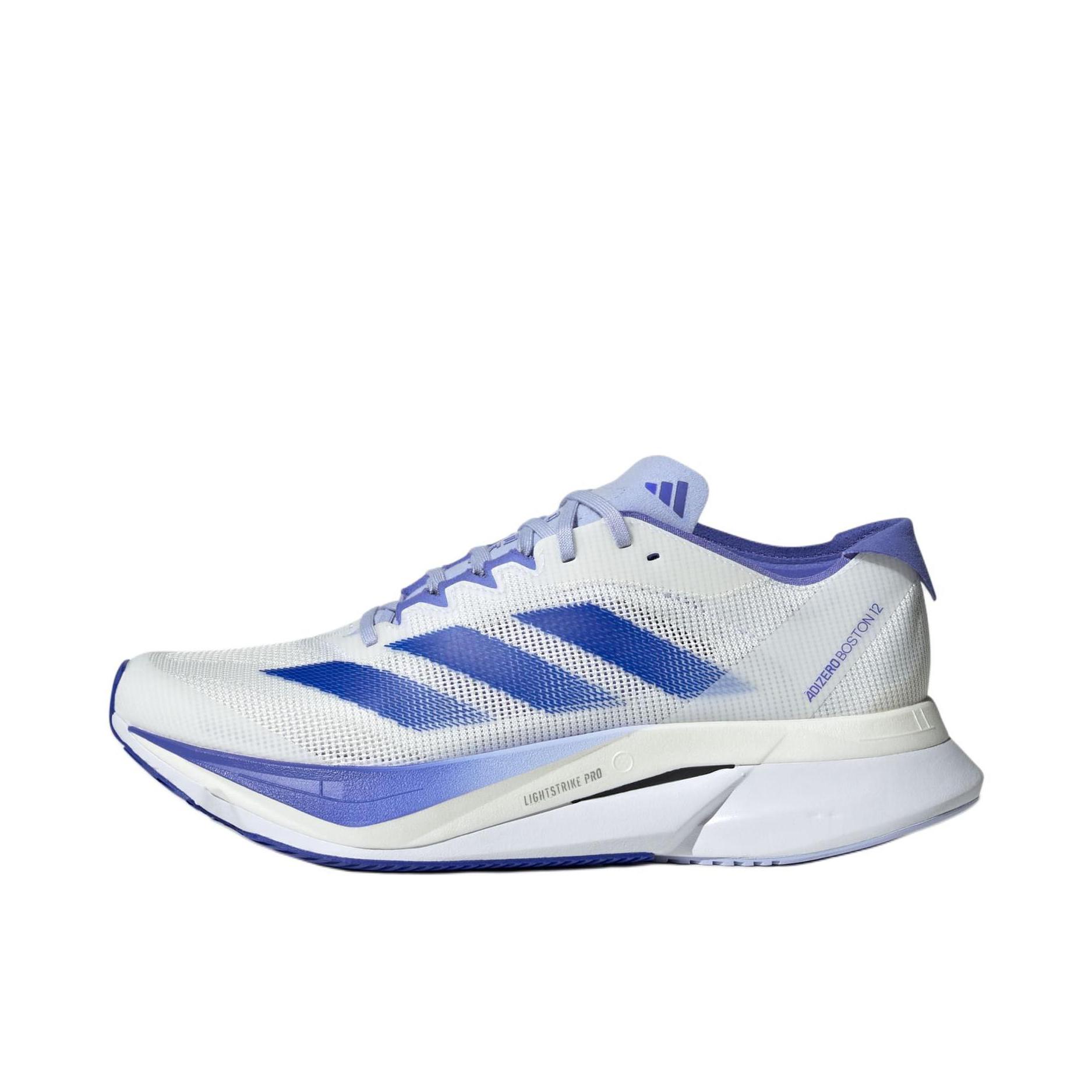 推荐商品：adidas Adizero Boston 12 跑鞋 碳板玻纤柱耐磨缓震马拉松运动支撑 云白色/清澈蓝色/钴蓝色 