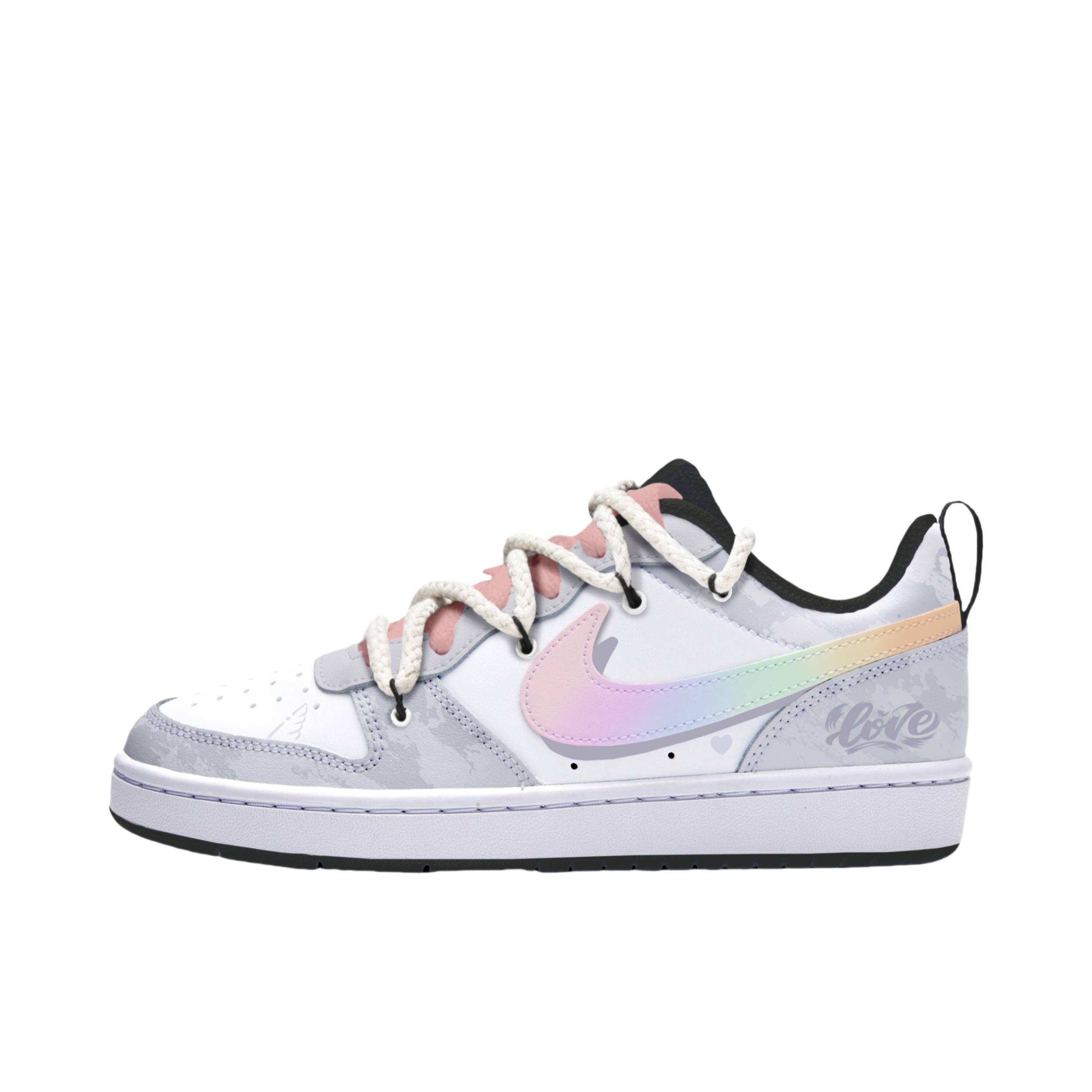 推荐商品：【定制球鞋】 Nike Court Borough 板鞋 防滑防水轻便减震手绘减龄做旧甜酷高街合成革甜妹包裹性复古婚鞋增高小白鞋薄底秋冬脏脏鞋 大童/彩虹独角兽 