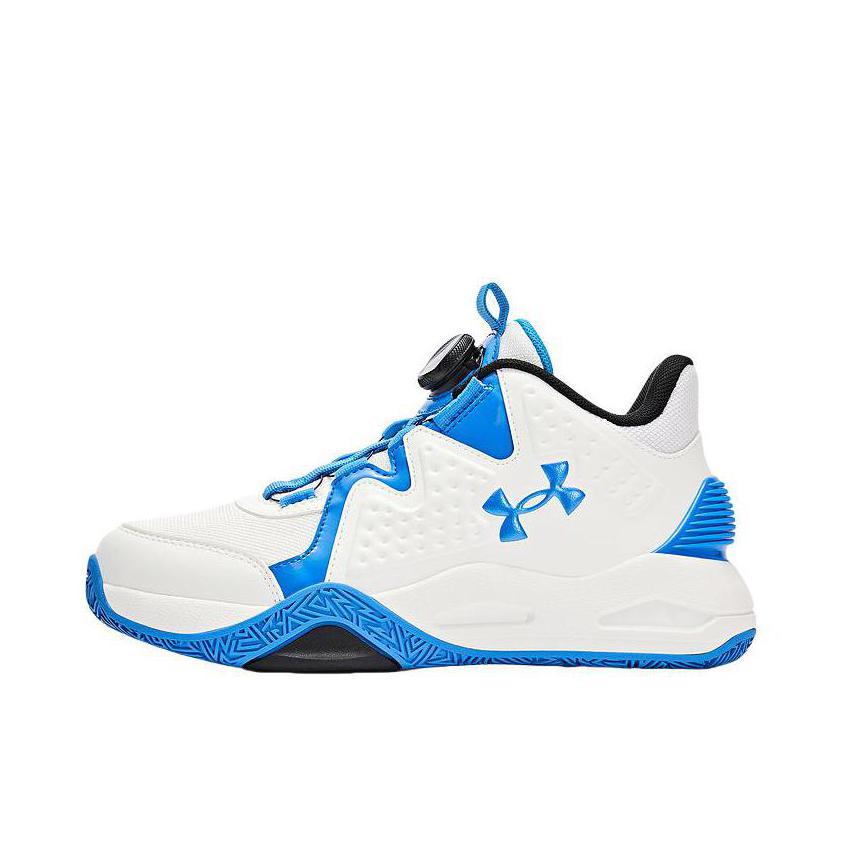 推荐商品：Under Armour/安德玛 实战 防滑耐磨 轻便透气 旋钮 缓震 时尚百搭 篮球鞋 2441203 大童/白色/蓝色