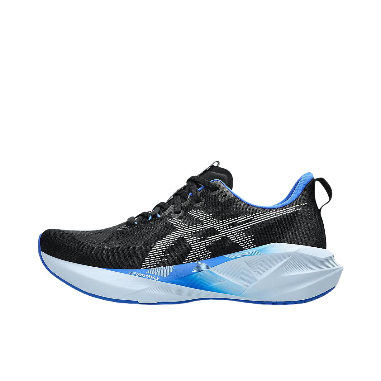 推荐商品：Asics/亚瑟士 Novablast 5 跑鞋 圆头舒适百搭防滑耐磨缓震橡胶贴合短跑轻量回弹支撑 黑色/白色/蓝色