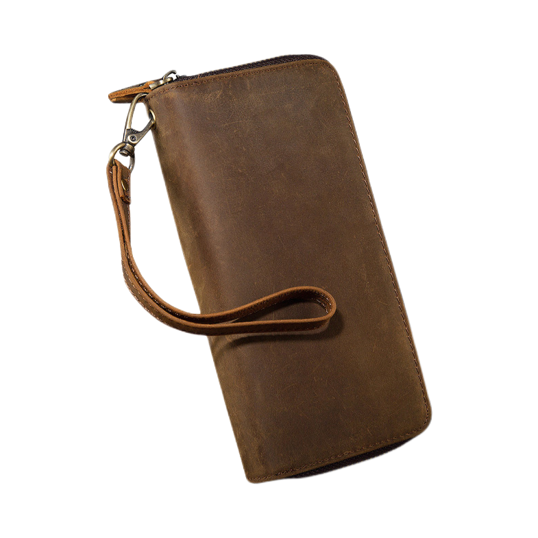 推荐商品：Simple&nature 疯马皮长款双拉链复古牛皮手拿包钱包