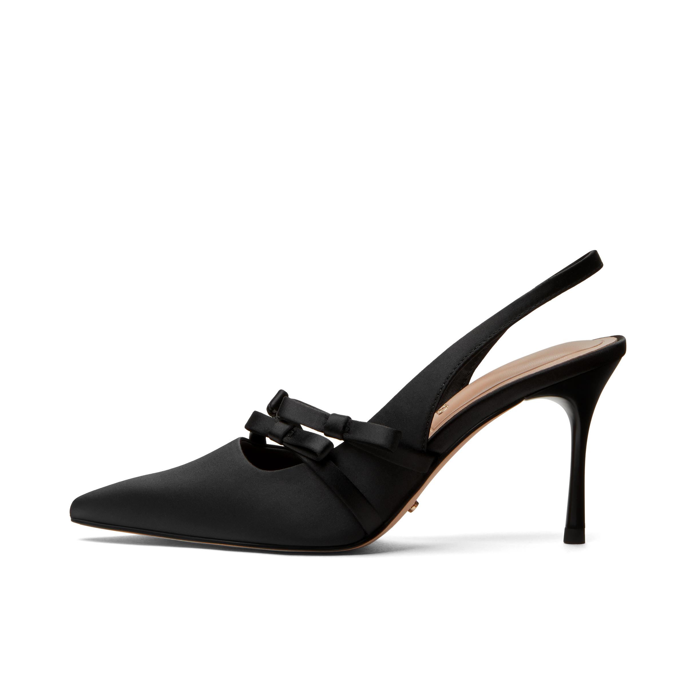 推荐商品：CHARLES&KEITH 织物 蝴蝶结 尖头 缎面 一字带 纹理 高跟鞋 SL1-60280474 跟高8cm/黑色纹理