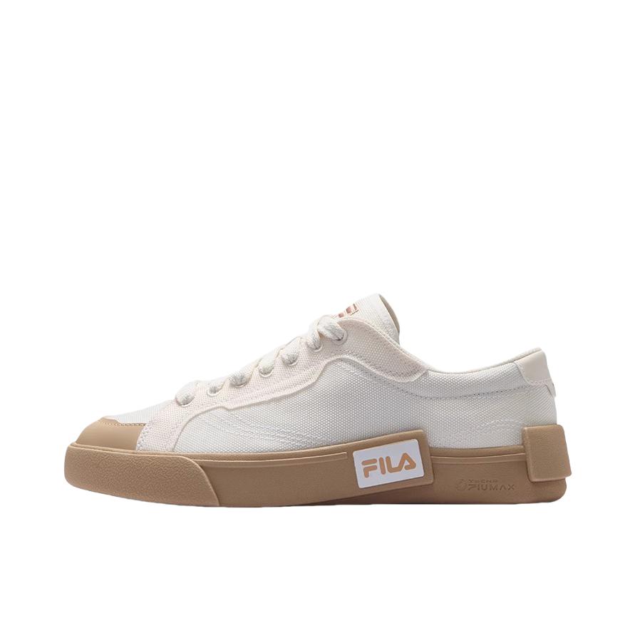 推荐商品：FILA/斐乐 POP 轻质透气 耐磨防滑 街拍潮流时尚 休闲百搭 帆布鞋 雪白色/拿铁棕