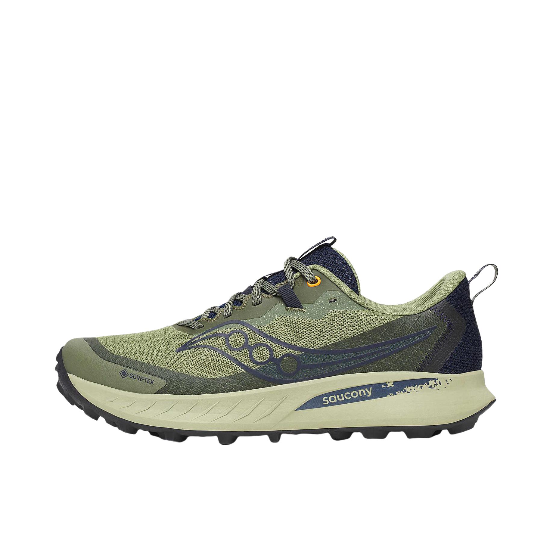 推荐商品：Saucony/索康尼 Peregrine 游隼 15 GTX 越野跑鞋 防水百搭减震透气轻量低帮 绿色/海军蓝