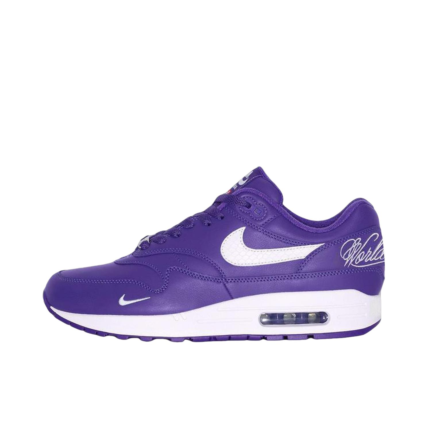 Nike Air Max 1 跑鞋 气垫缓震透气轻便复古运动舒适百搭潮流耐磨低帮训练防滑冬季支撑马拉松防水抓地圆头耐穿 Supreme联名/白色/紫色