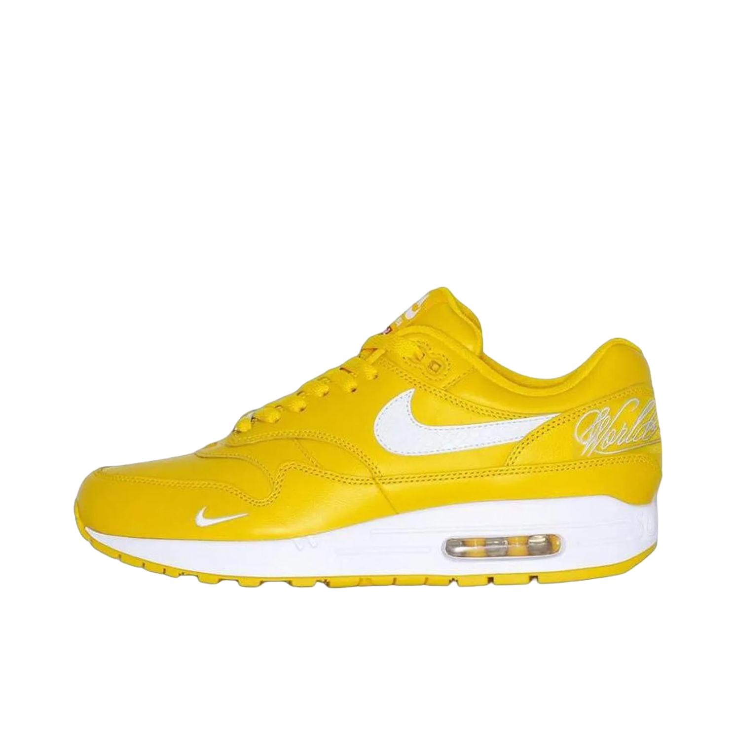 推荐商品：Nike Air Max 1 跑鞋 气垫缓震透气轻便复古运动舒适百搭潮流耐磨低帮训练防滑冬季支撑马拉松防水抓地圆头耐穿 Supreme联名/黄白