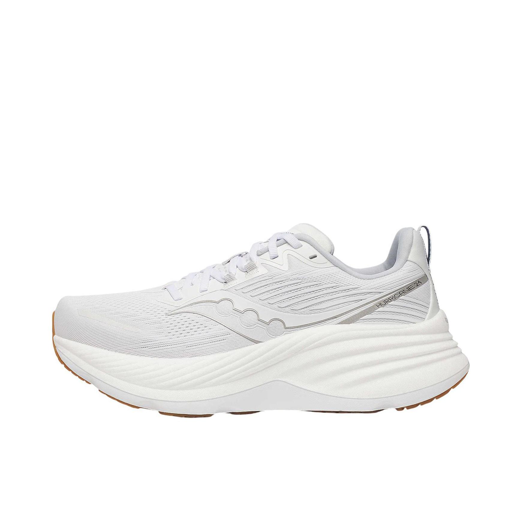 推荐商品：Saucony/索康尼 Hurricane 24 飓风 舒适缓震 支撑透气 防滑耐磨 时尚百搭 简约 稳定支撑 长跑 跑鞋 白色/银色