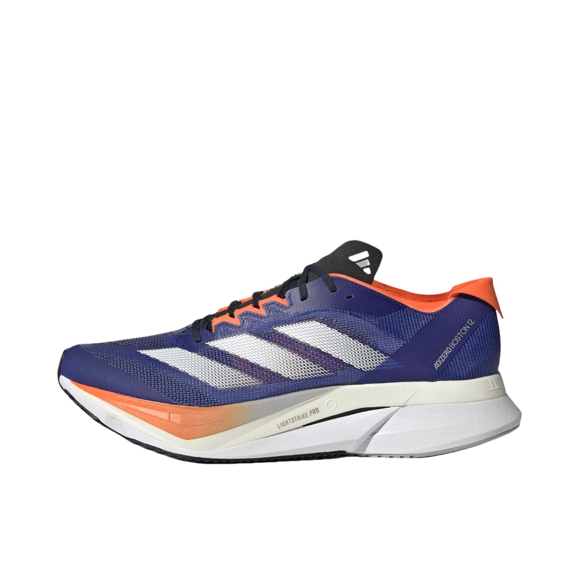 推荐商品：adidas Adizero Boston 12 跑鞋 碳板玻纤柱耐磨缓震马拉松运动支撑 蓝色/橙色