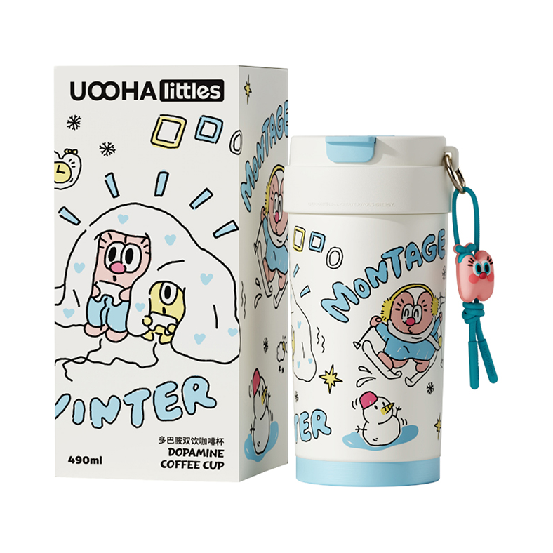 推荐商品：Uooha/悠哈 小不点 490ml 双饮式 304不锈钢陶瓷涂层 多巴胺咖啡保温杯 外出保冷