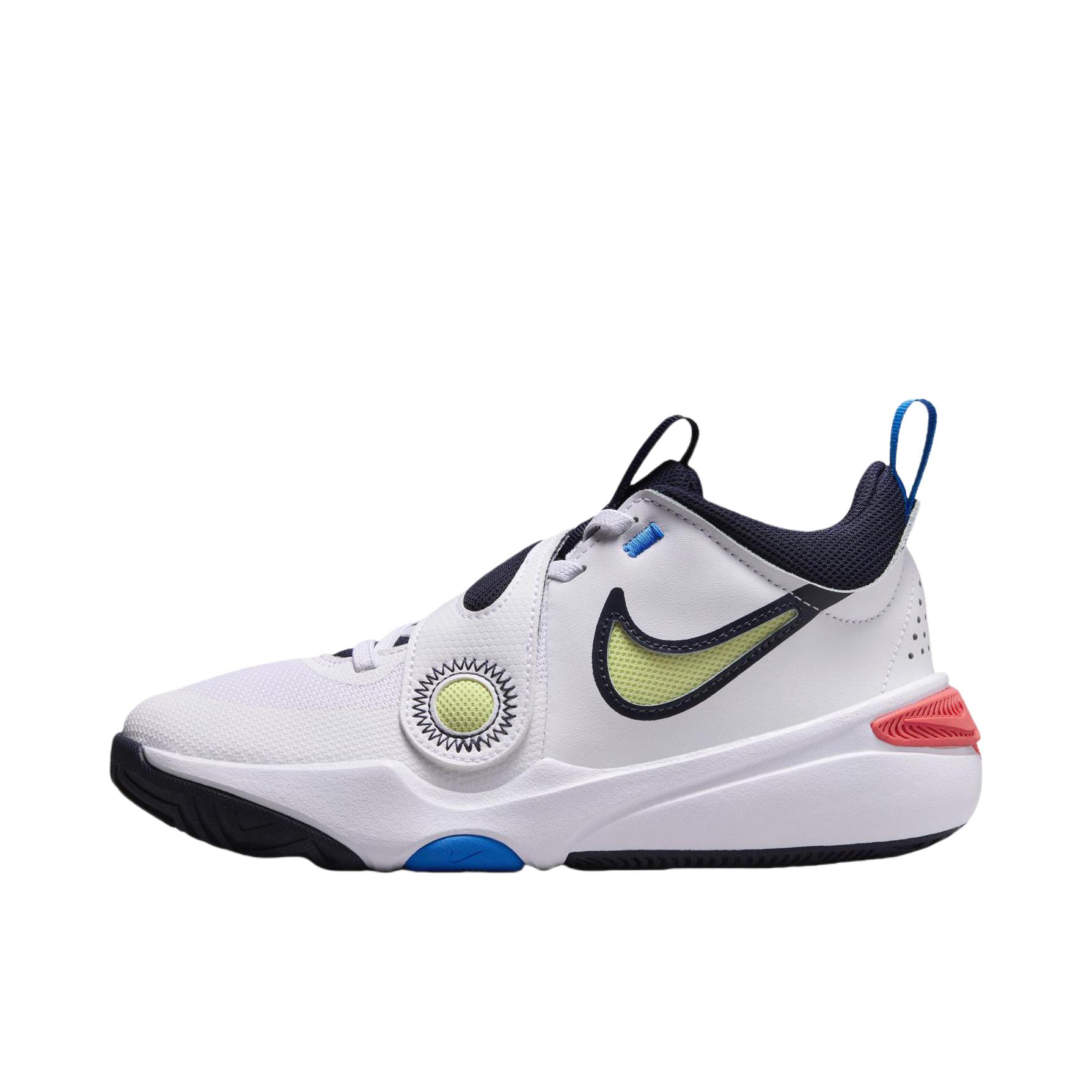 推荐商品：Nike Team Hustle D 11 篮球鞋 防滑耐磨减震回弹舒适透气魔术贴低帮 大童/白色/亮深红/清透蓝/浅柠檬黄 