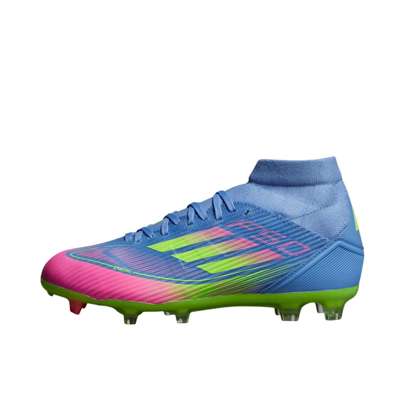 推荐商品：adidas F50 LEAGUE LL FG/MG 中端 胶质混钉 硬草地 足球鞋 女款/蓝色/粉色
