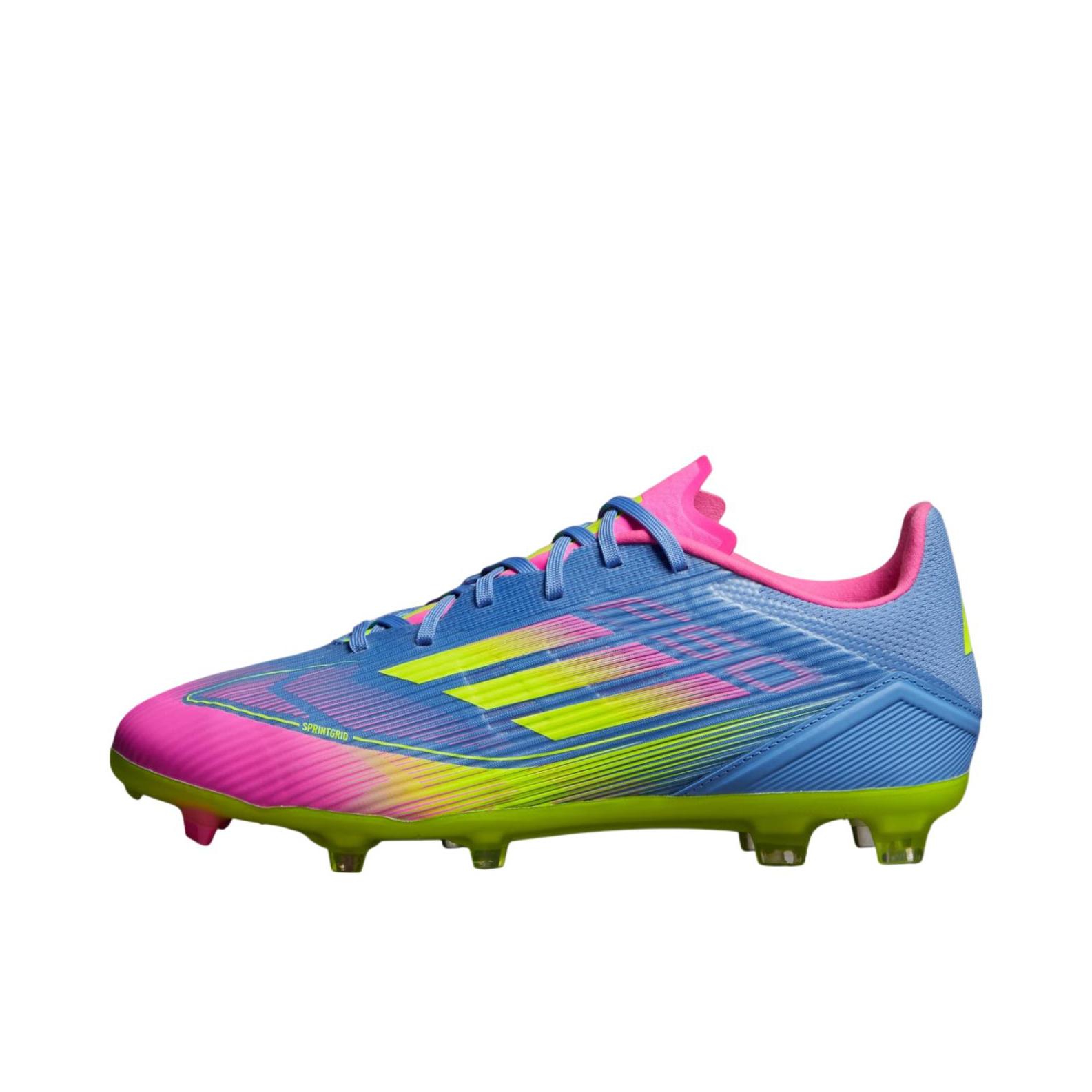 推荐商品：adidas F50 LEAGUE MG/FG 中端 胶质混钉 硬天然草场 防滑耐磨 足球鞋 蓝色/黄色