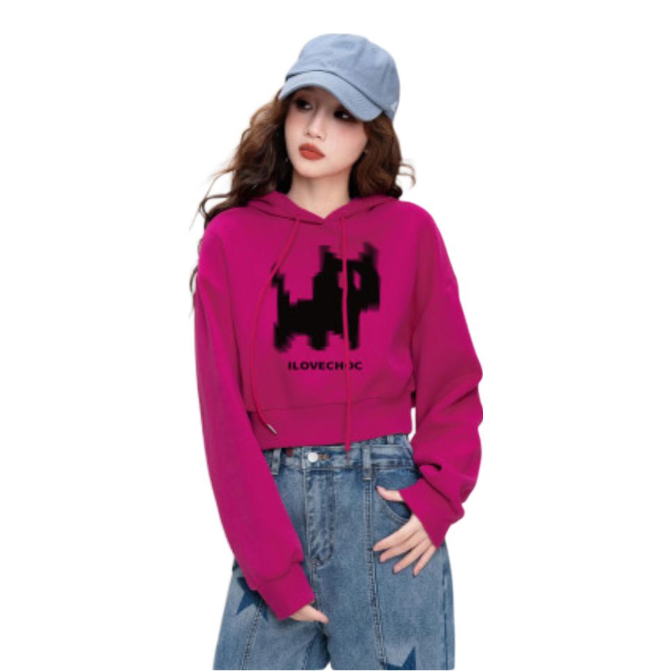 推荐商品：ILOVECHOC 像素加绒短款连帽卫衣 女装 244020234759 火龙果红