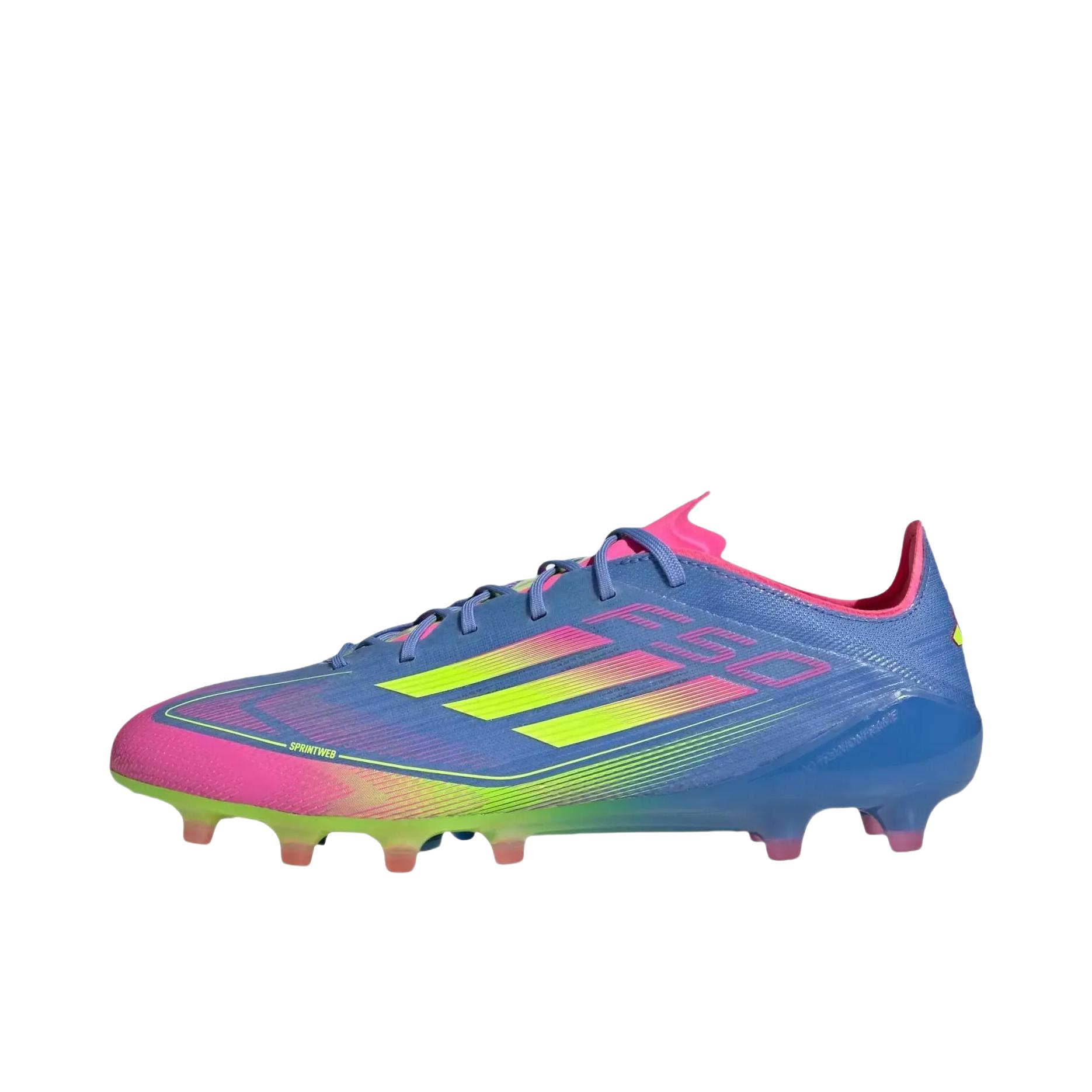 推荐商品：adidas F50 Elite AG 顶级 胶质短钉 软人造草坪 防滑耐磨 足球鞋 蓝色/黄色/粉色