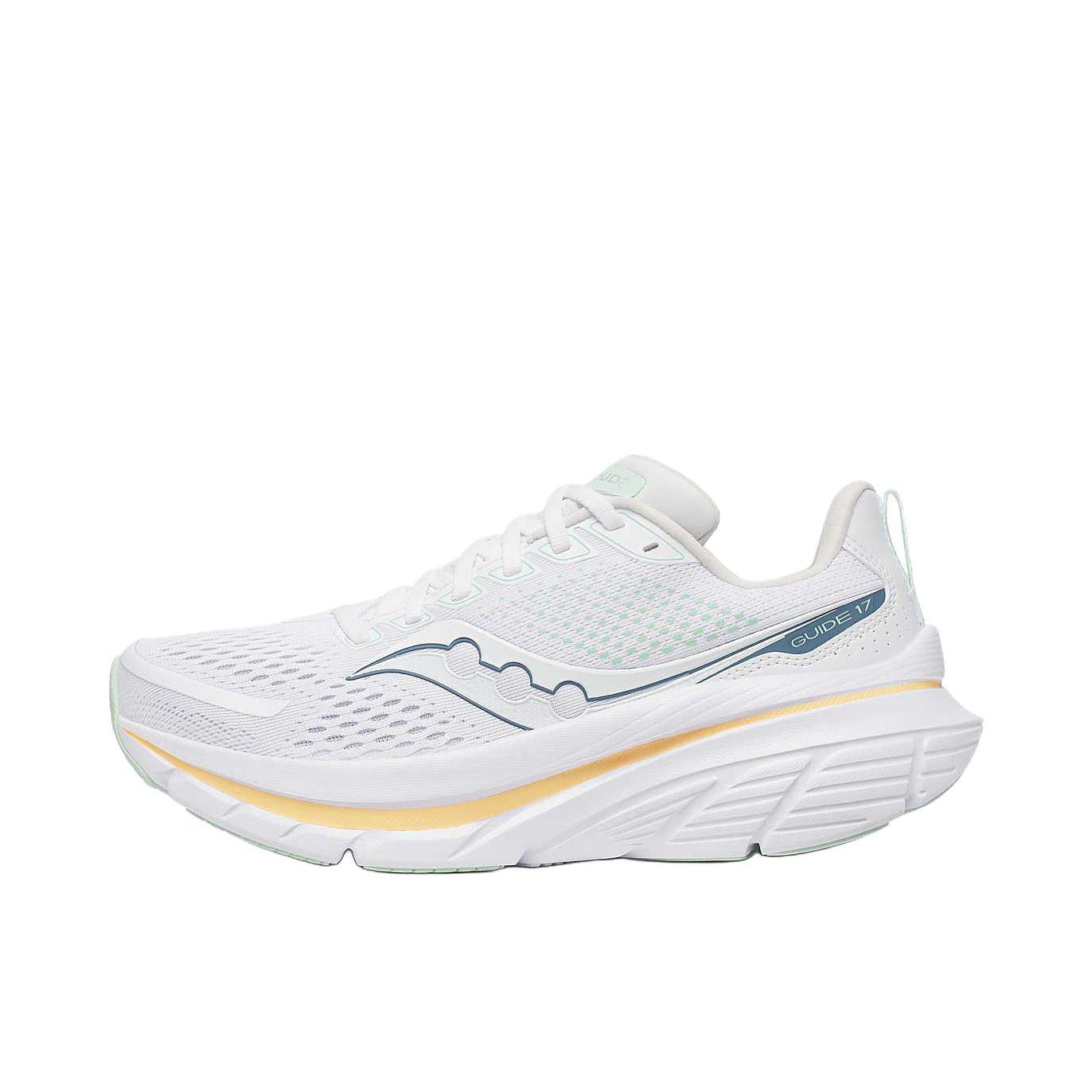 推荐商品：Saucony/索康尼  Guide 向导 17  稳定支撑 舒适 网布透气 缓震耐磨 防滑软底 慢跑  跑鞋 白色/橙色