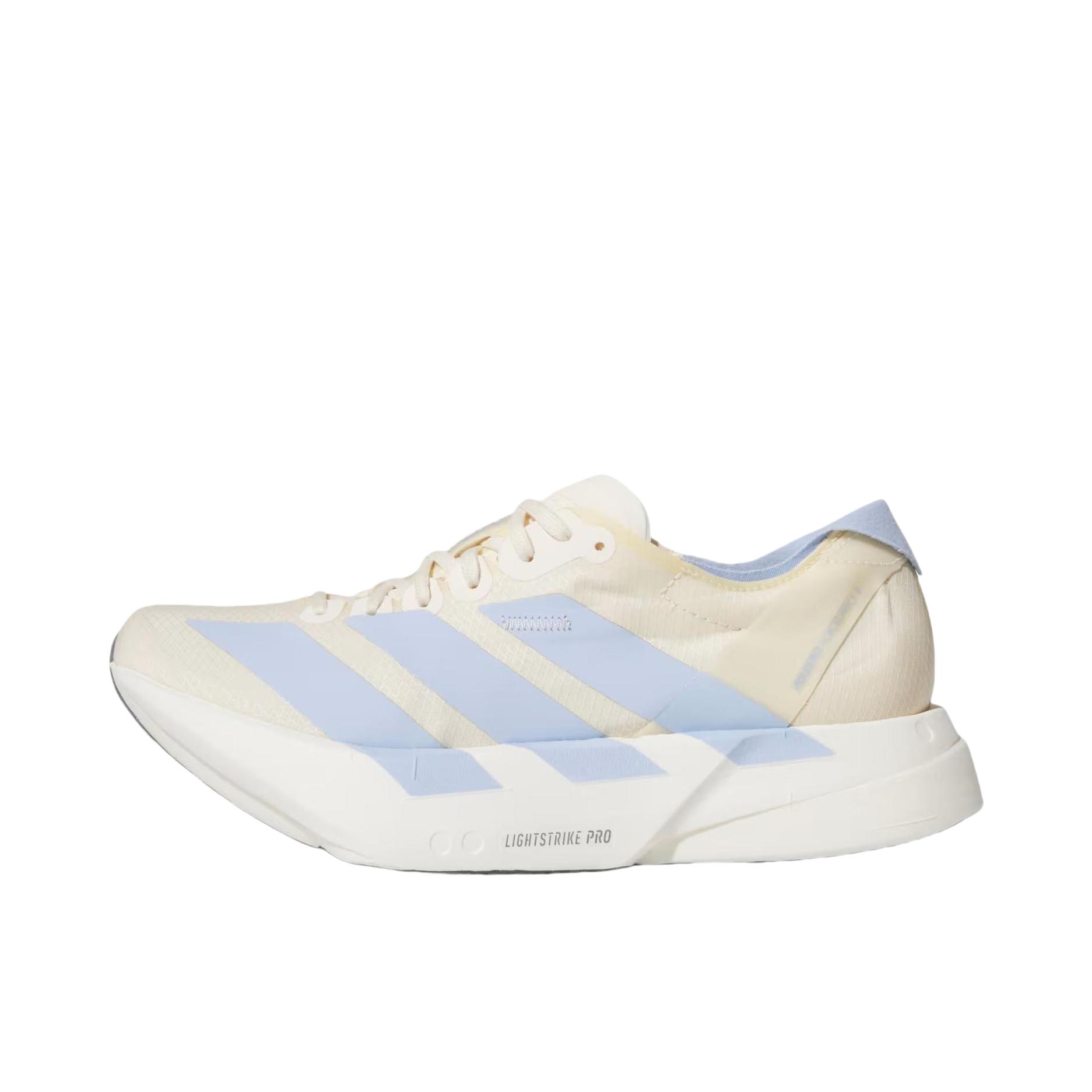 推荐商品：adidas Adizero Adios Pro 4 跑鞋 碳柱缓震防滑耐磨低帮休闲贴合短跑支撑 女款/米色/紫色