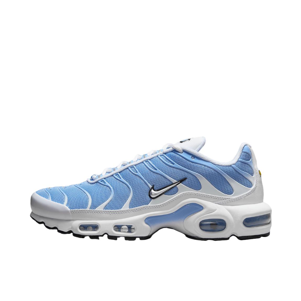 推荐商品：Nike Air Max Plus 跑鞋 休闲舒适轻便网布透气防滑耐磨气垫缓震包裹性贴合圆头 纯白色/蓝色