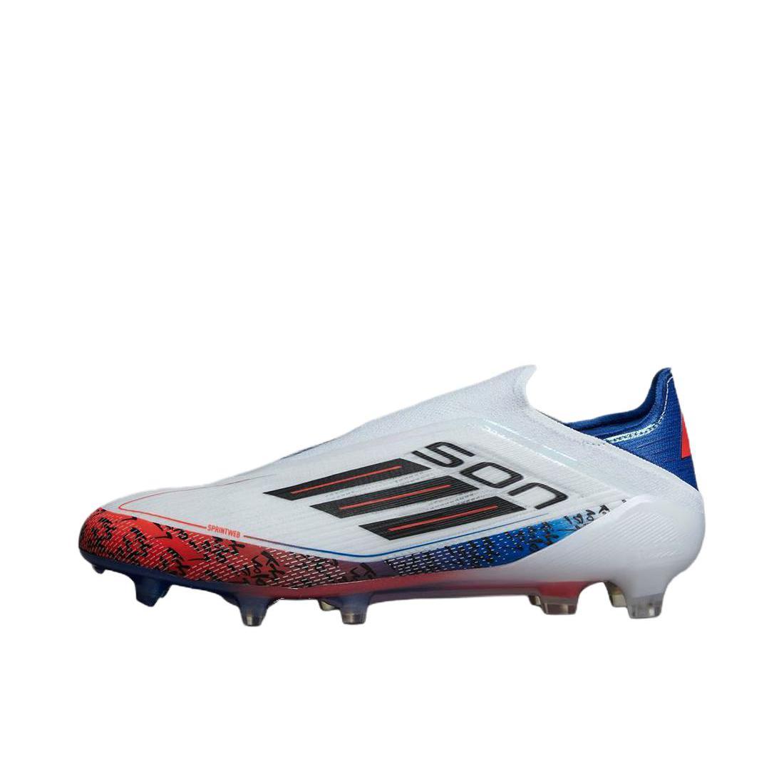 推荐商品：adidas F50+ Laceless FG 超顶级 胶质长钉 天然硬草地 耐用防滑耐磨 足球鞋 白色/蓝色/红色