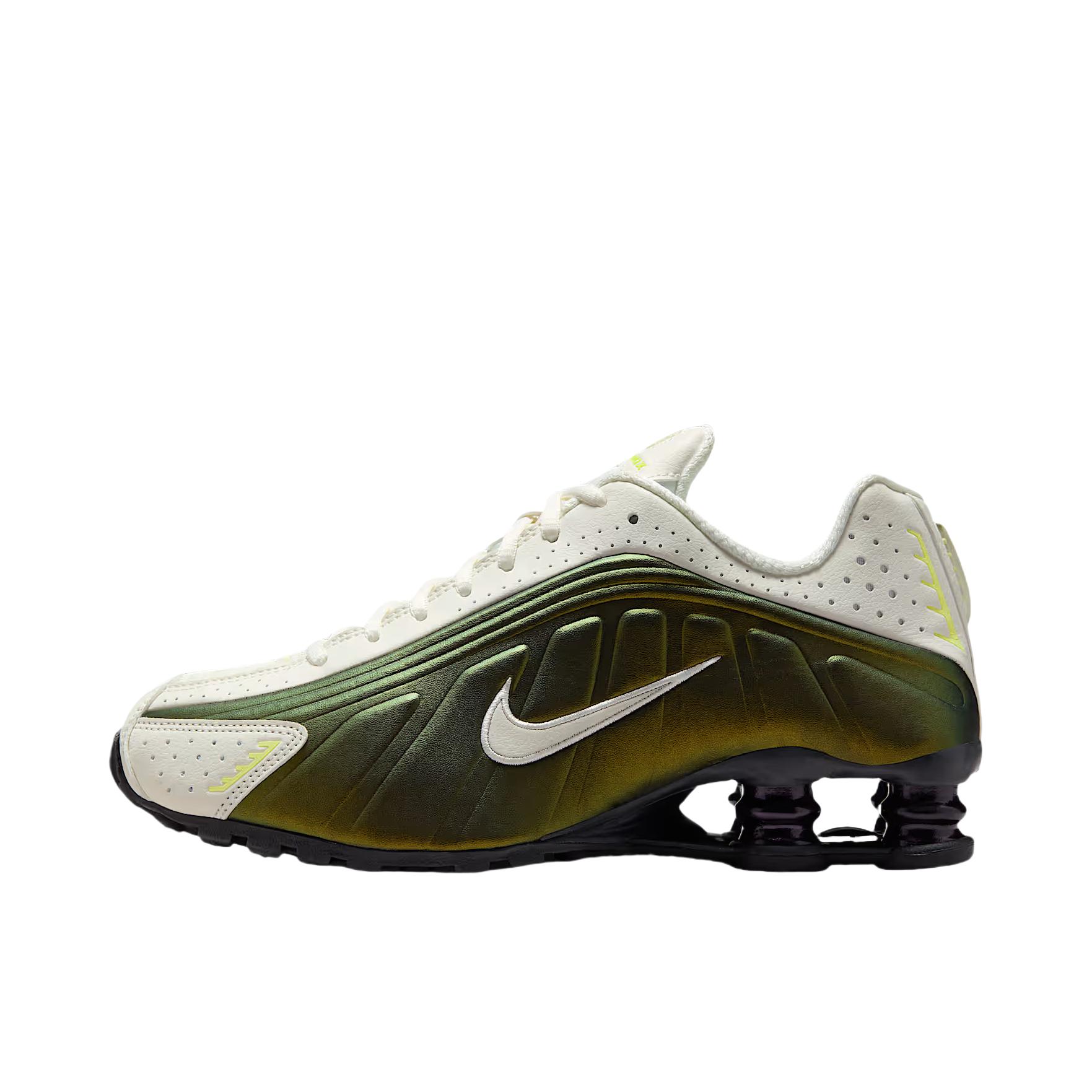 推荐商品：Nike Shox R4 跑鞋 气柱弹簧气垫防滑耐磨舒适减震复古百搭合成革回弹支撑贴合短跑耐用 深绿色 