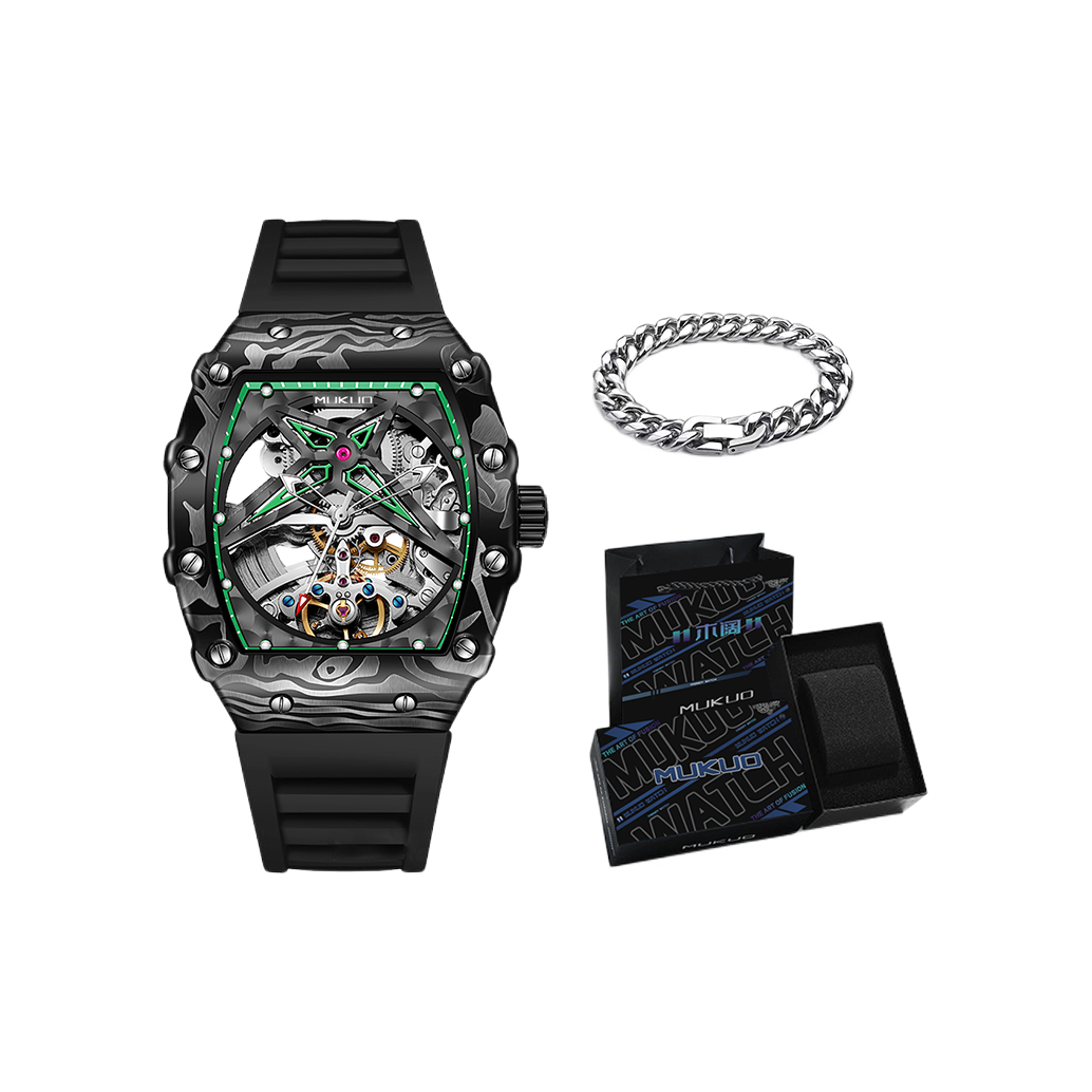 推荐商品：MUKUO/木阔 开拓者系列 街头风酒桶形镂空表盘夜光防水自动机械男士手表