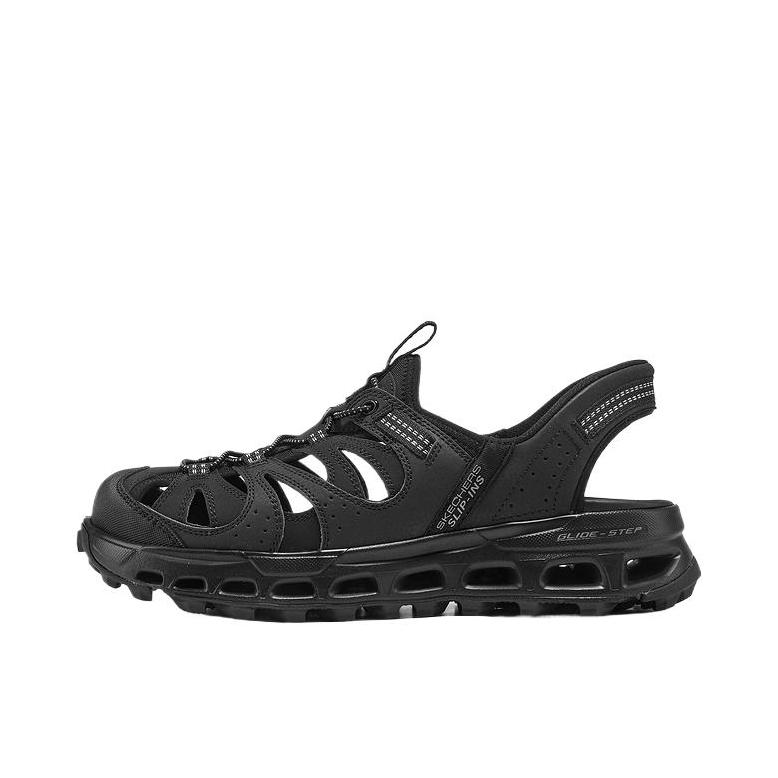 推荐商品：Skechers/斯凯奇 高透气 网布轻便 闪穿 减震 轻质增高 包头镂空 绑带 外穿 一字带 凉鞋 男款/黑色