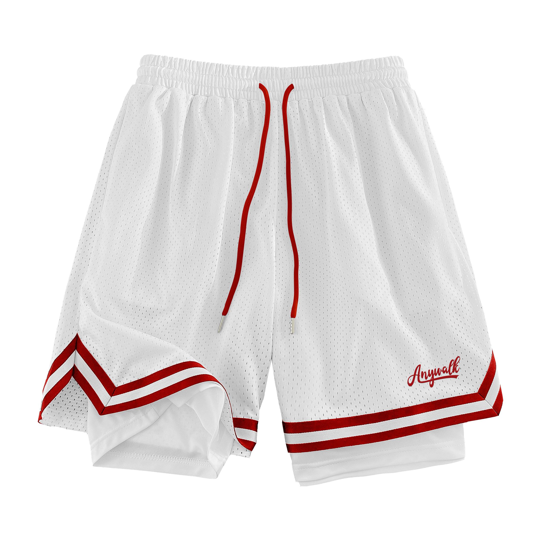 推荐商品：Anywalk  涤纶系带中腰假两件美式网眼四分运动短裤 男女同款 AKD042242 白拼红