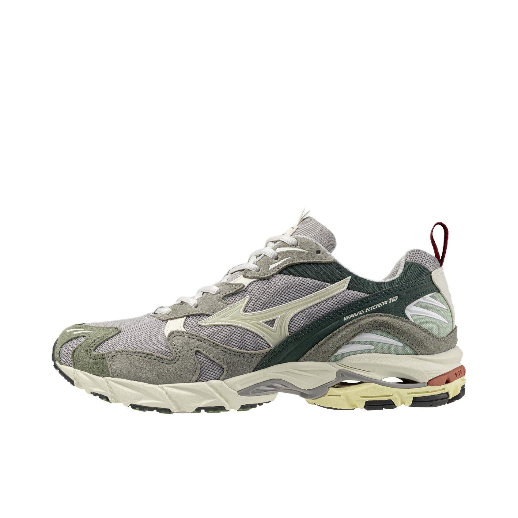 推荐商品：Mizuno/美津浓  Wave Rider 10  经典减震 防滑耐磨 轻便  网布 透气 织物 复古 合成革 运动  跑鞋 2E宽/灰色/绿色 