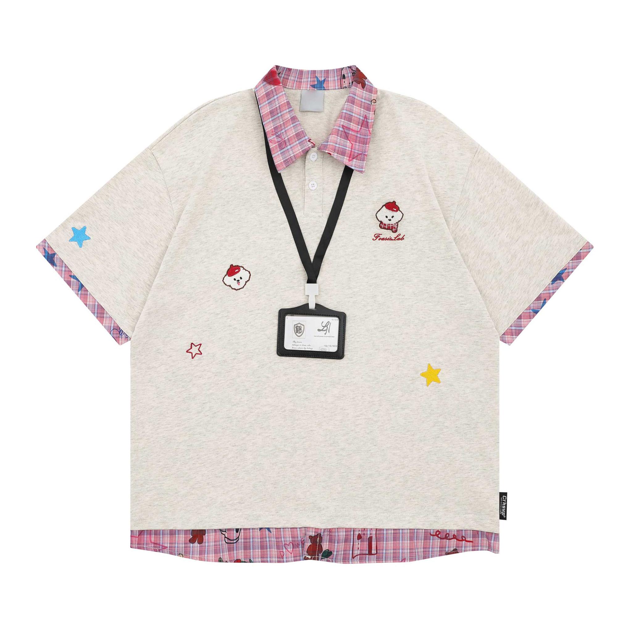 推荐商品：FOASIS 复古纯棉小狗刺绣条纹假两件短袖Polo衫 FA-CRH-A283-A01-LAN 花灰