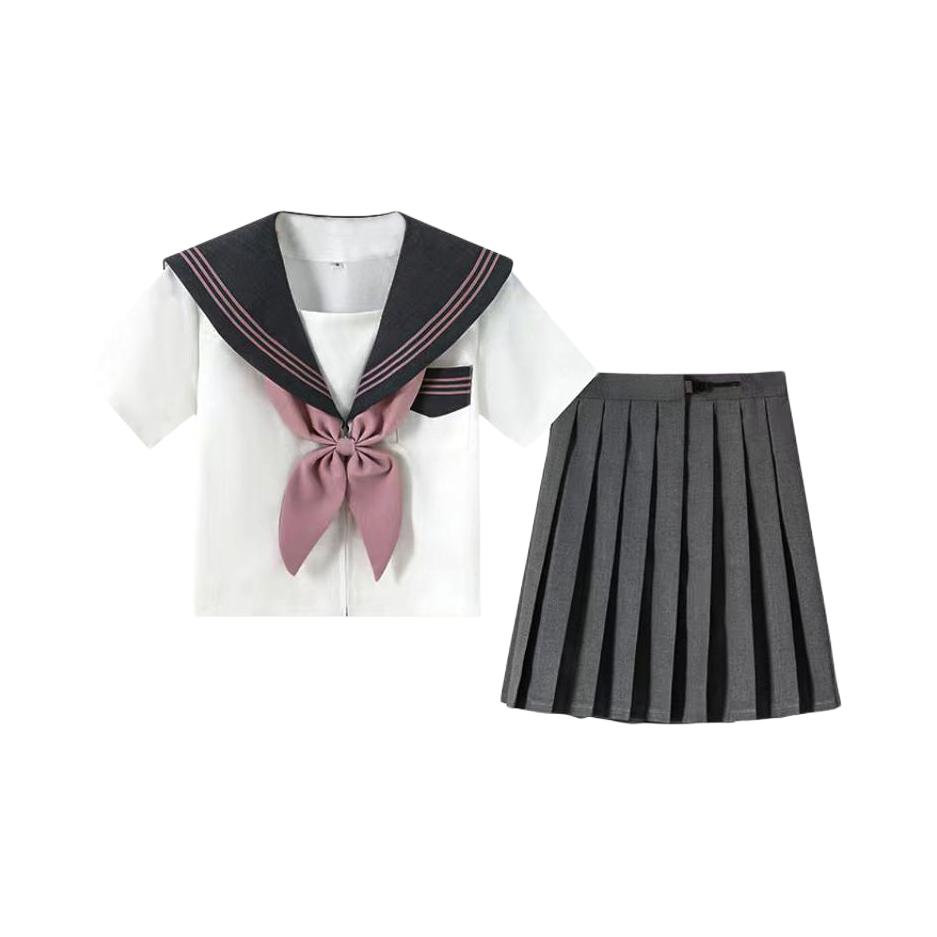 推荐商品：RTTO 日系jk学院风海军领短裙休闲套装 女装 白拼粉短袖+灰短裙