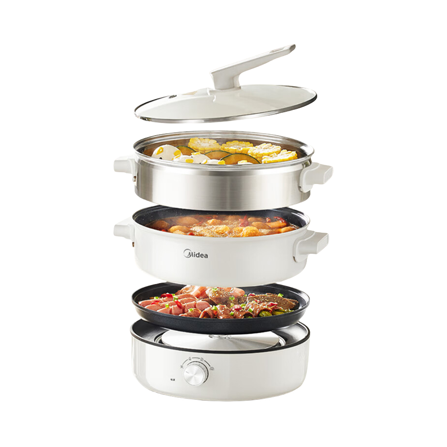 推荐商品：Midea/美的 电火锅 6L 旋钮速控 一机多能 分体式 蒸煮炒煎