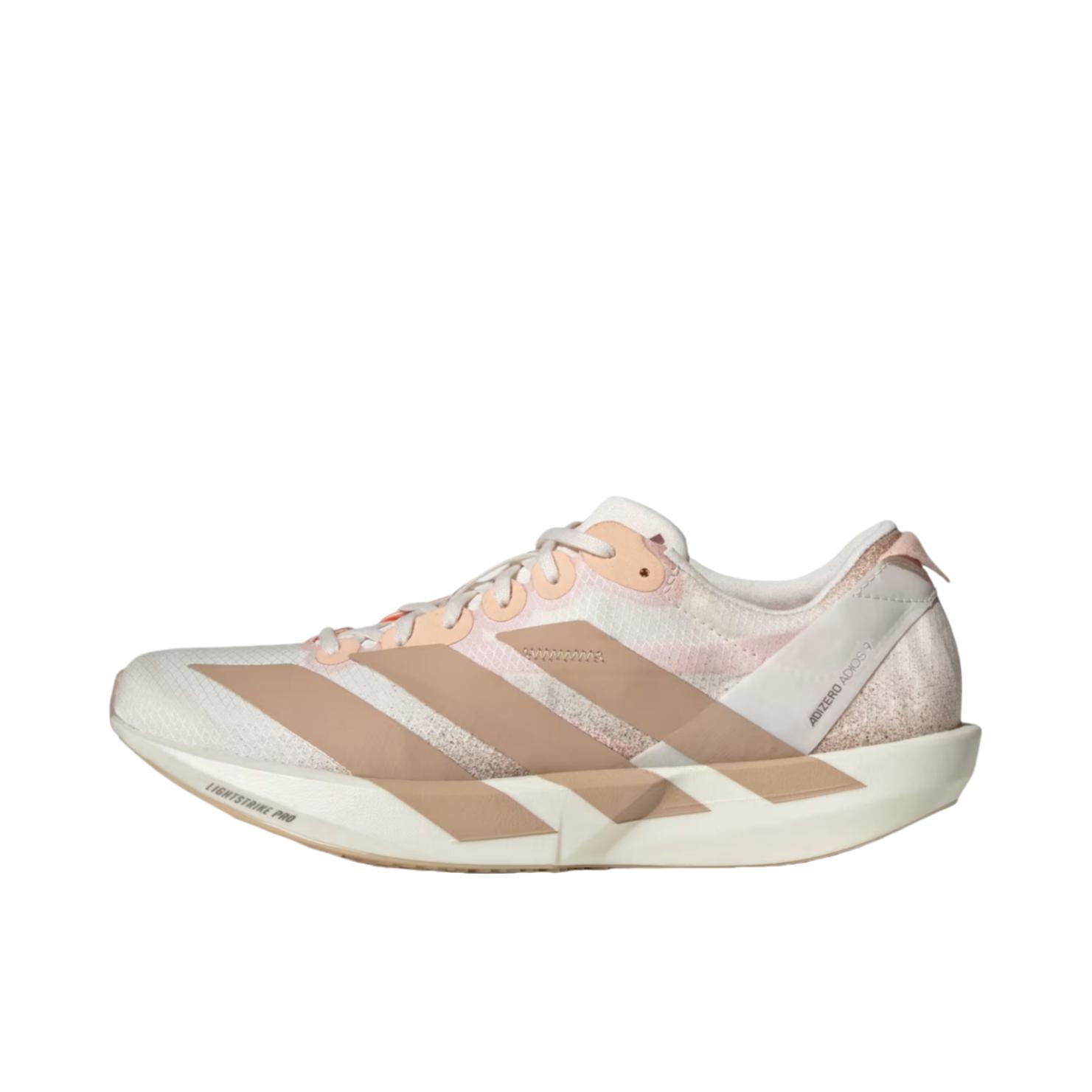 推荐商品：adidas Adizero adios 9 跑鞋 尼龙缓震稳定薄底贴合支撑 女款/粉笔白