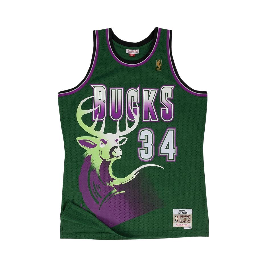 Mitchell Ness 雷阿伦 NBA复古雄鹿队客场拉 网眼34号球衣SW