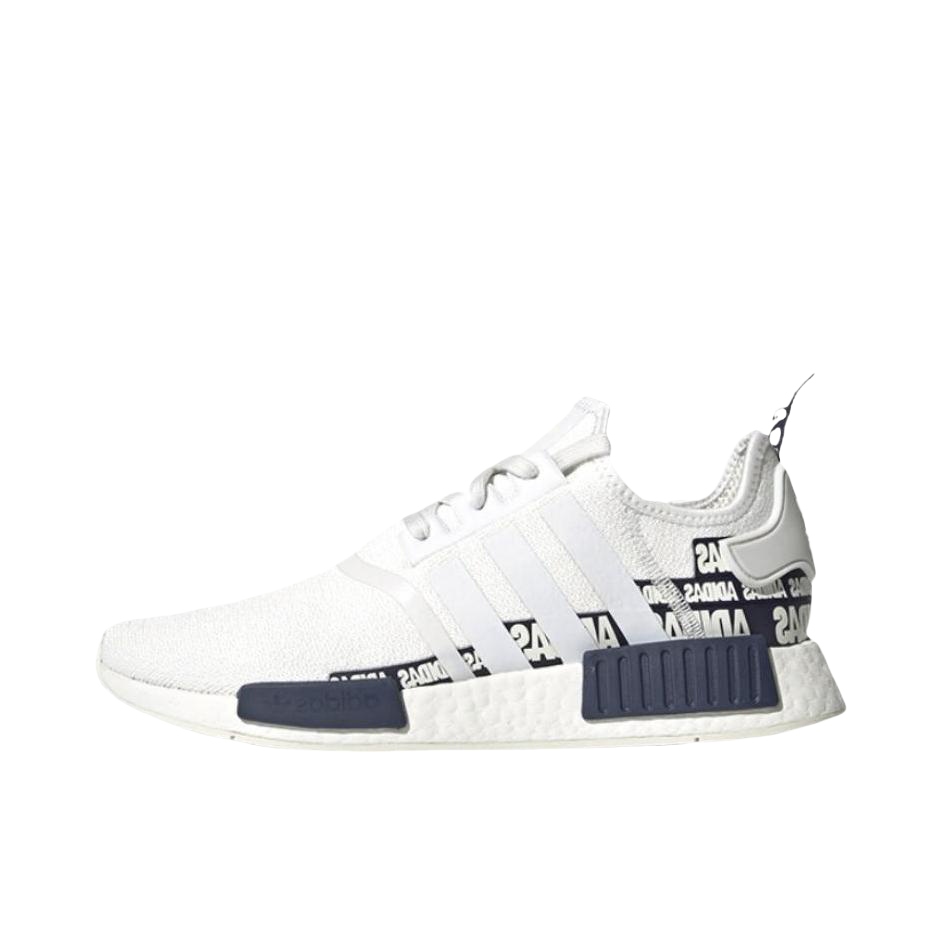 推荐商品：adidas Originals NMD R1 BOOST 织物 轻便透气 缓震 低帮 运动休闲鞋 白色/海军蓝