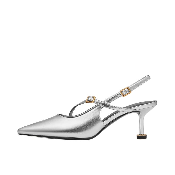 推荐商品：CHARLES&KEITH 高跟鞋 一字带 尖头中跟 包头 细跟 CK1-60280474 跟高6.5cm/银色
